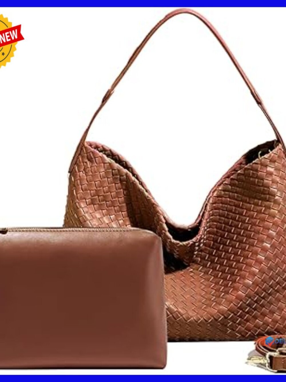 Large Vegan Leather Tote with Clutch, Adjustable Strap, Woven Pattern